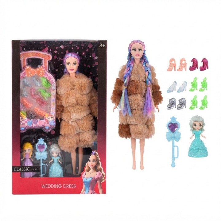 Set Muñeca Trenzas Colores Abrigo Maleta Y Zapatos