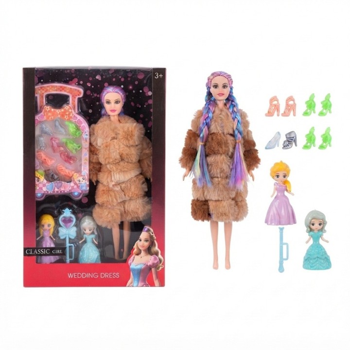 Set Muñeca Trenzas Colores Abrigo Maleta Y Zapatos
