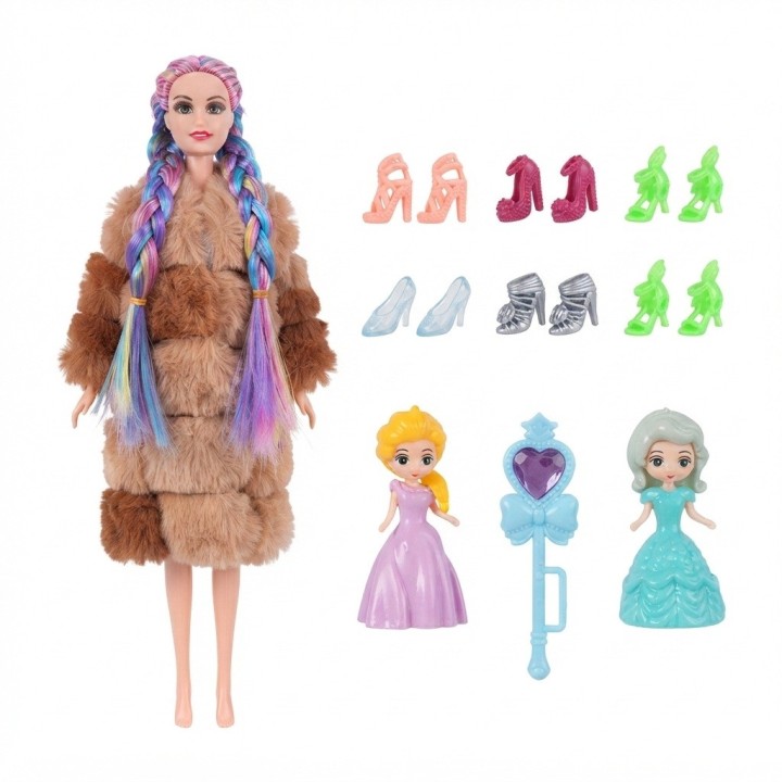 Set Muñeca Trenzas Colores Abrigo Maleta Y Zapatos