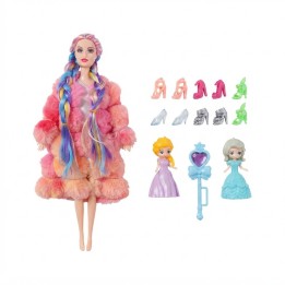 Set Muñeca Trenzas Colores Abrigo Maleta Y Zapatos