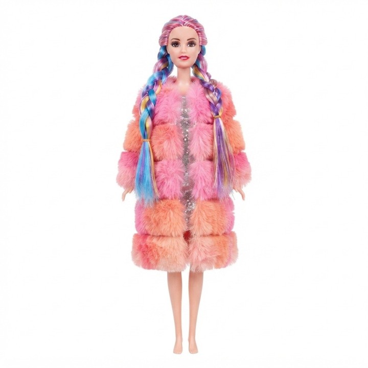 Set Muñeca Trenzas Colores Abrigo Maleta Y Zapatos