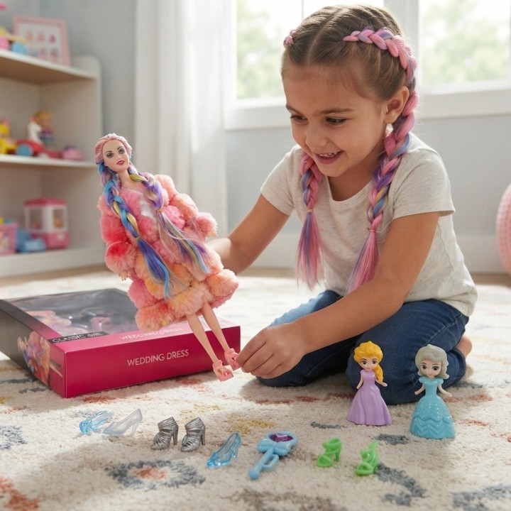 Set Muñeca Trenzas Colores Abrigo Maleta Y Zapatos