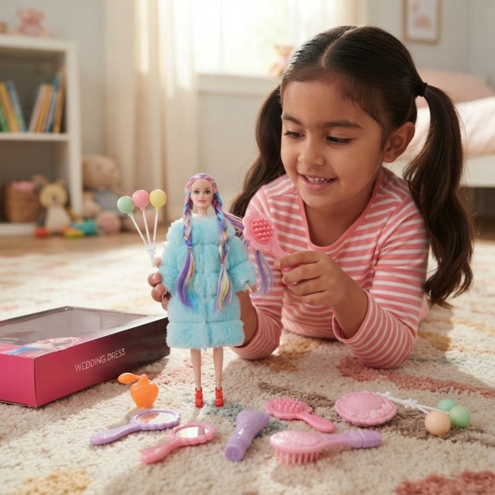 Muñeca Con Trenzas Multicolor Y Set De Accesorios Belleza