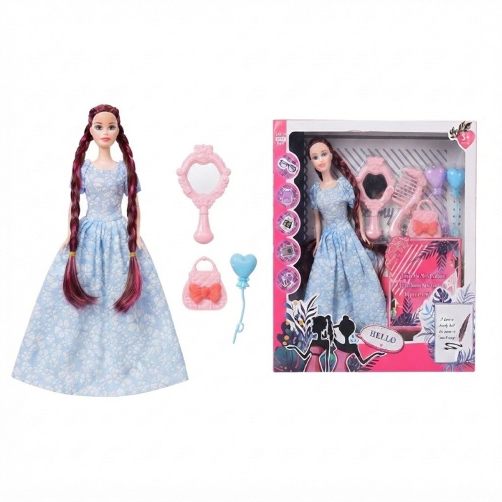 Muñeca Moda Trenzas Largas Vestido Elegante Accesorios