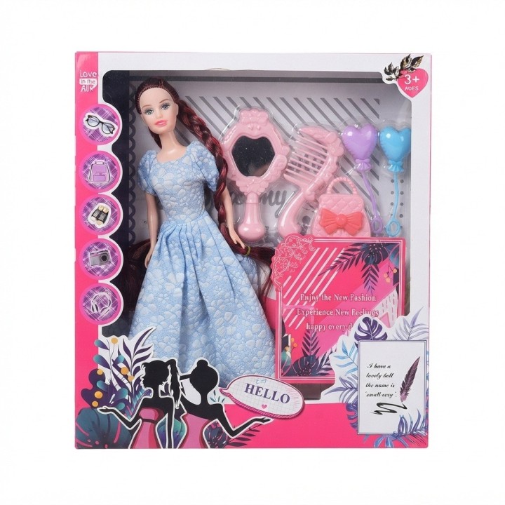 Muñeca Moda Trenzas Largas Vestido Elegante Accesorios