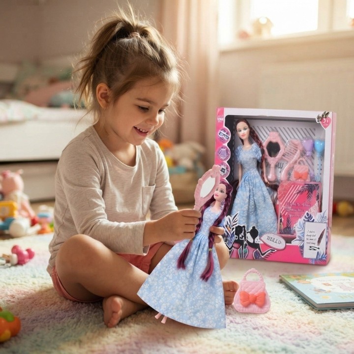 Muñeca Moda Trenzas Largas Vestido Elegante Accesorios