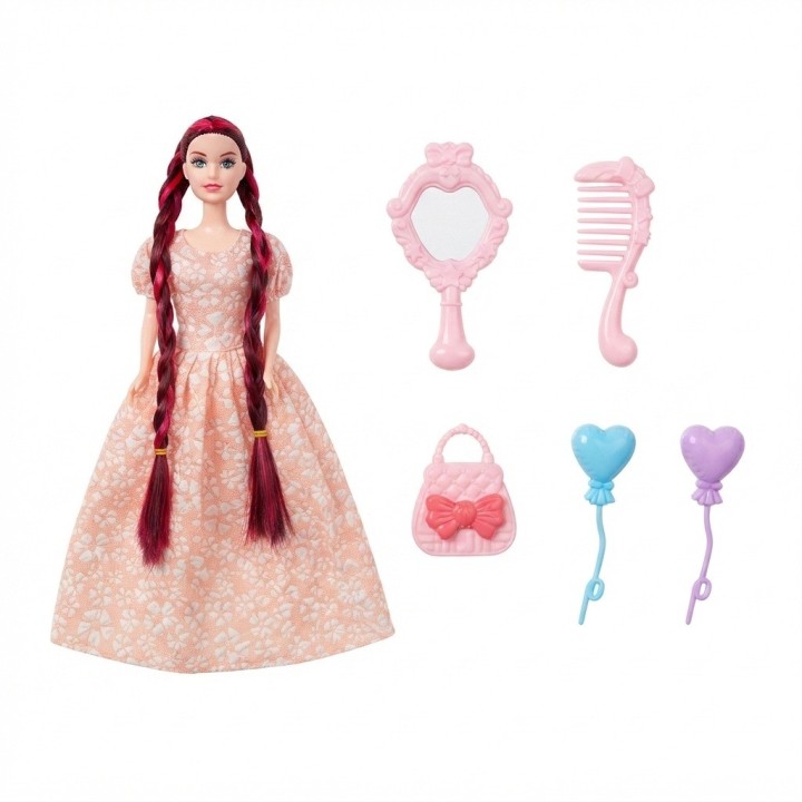 Muñeca Moda Trenzas Largas Vestido Elegante Accesorios