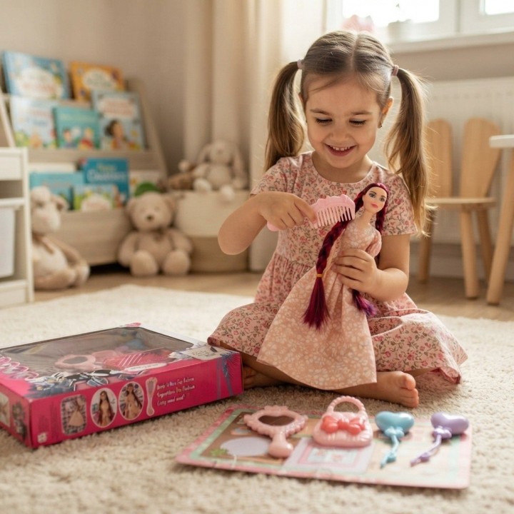 Muñeca Moda Trenzas Largas Vestido Elegante Accesorios