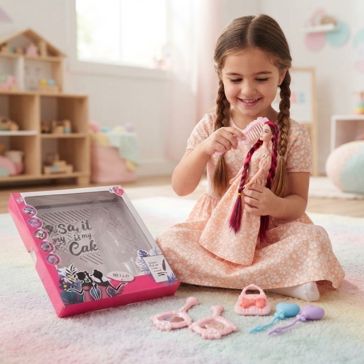 Muñeca Moda Trenzas Largas Vestido Elegante Accesorios