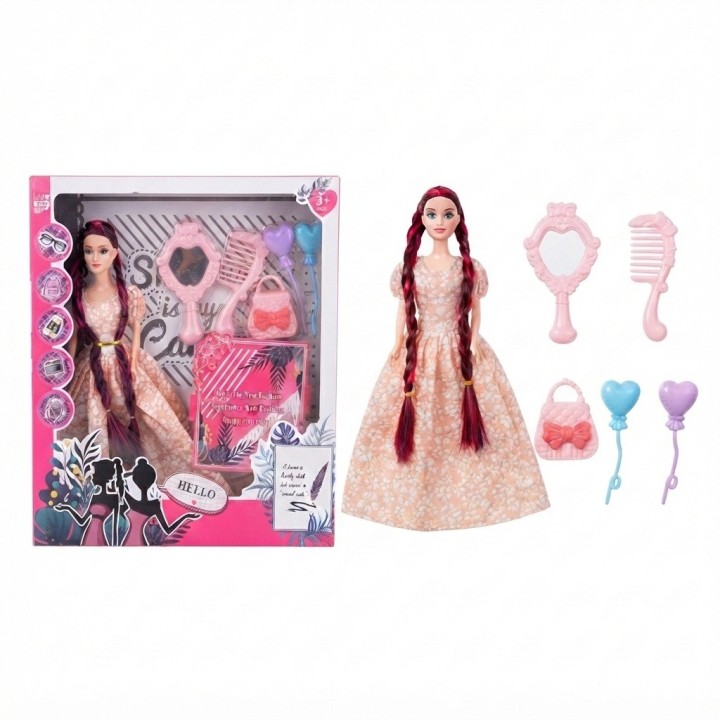Muñeca Moda Trenzas Largas Vestido Elegante Accesorios