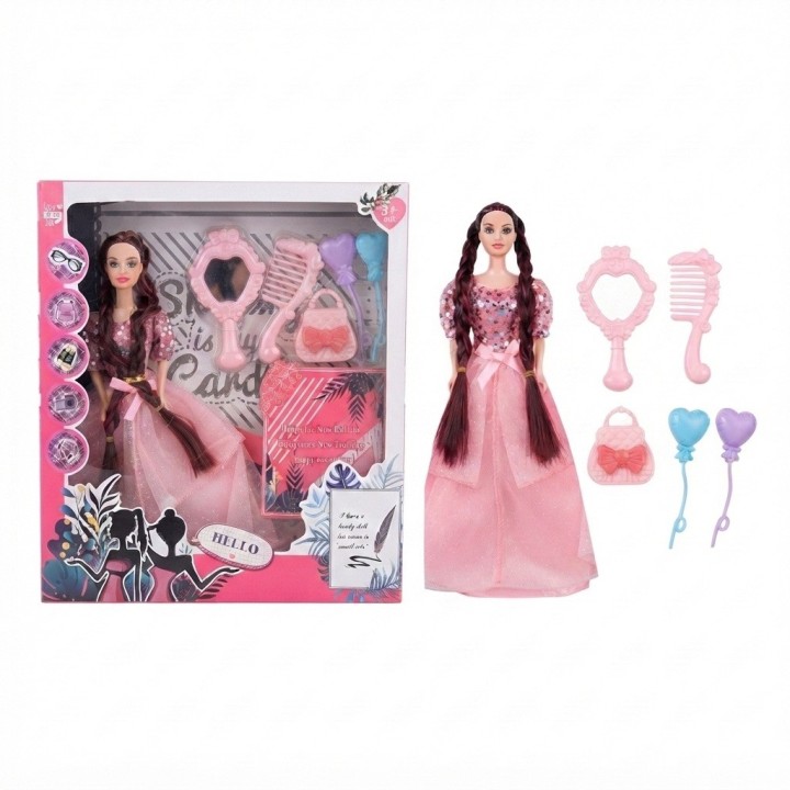 Muñeca Moda Trenzas Largas Vestido Elegante Accesorios