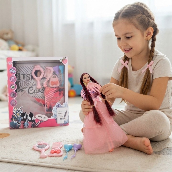 Muñeca Moda Trenzas Largas Vestido Elegante Accesorios