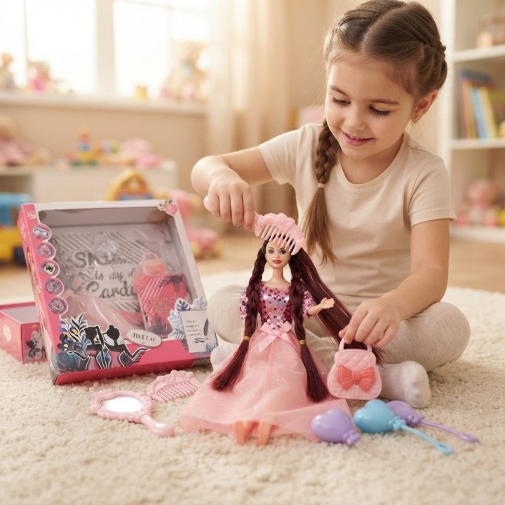Muñeca Moda Trenzas Largas Vestido Elegante Accesorios
