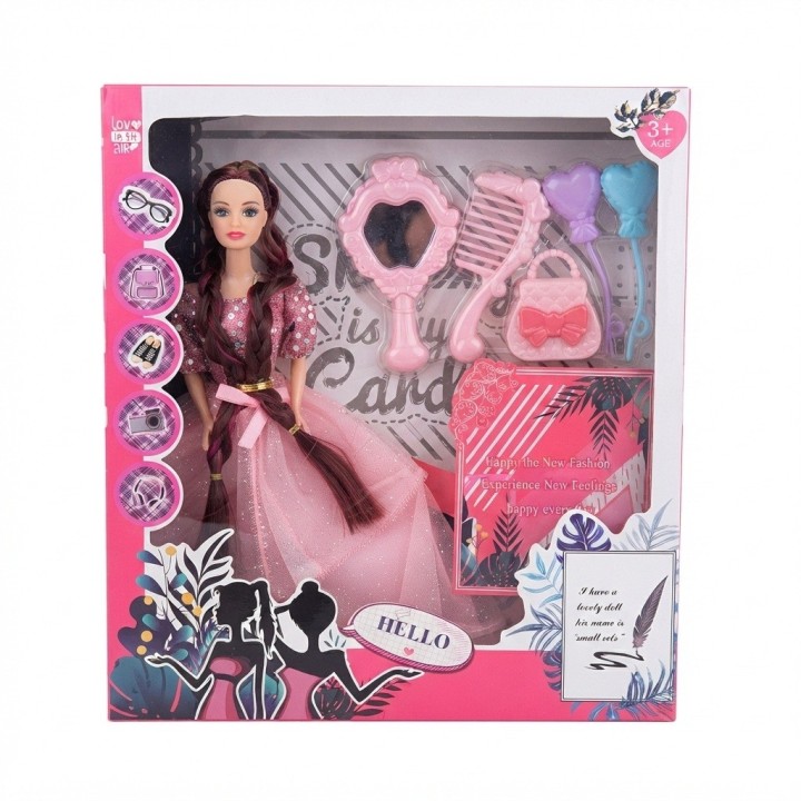 Muñeca Moda Trenzas Largas Vestido Elegante Accesorios