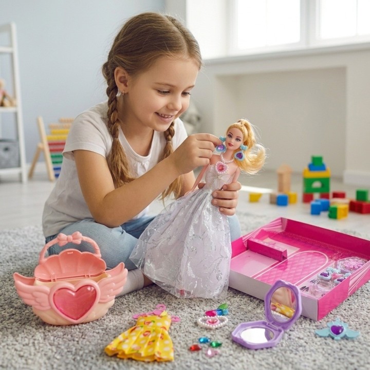 Muñeca Princesa Con Bolso Concha, Vestidos Y Joyas