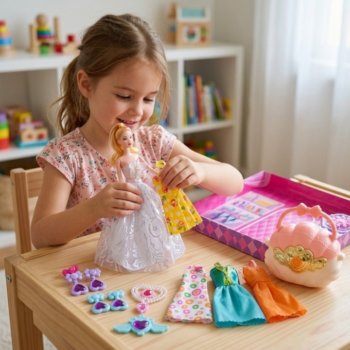Muñeca Princesa Con Bolso Concha, Vestidos Y Joyas