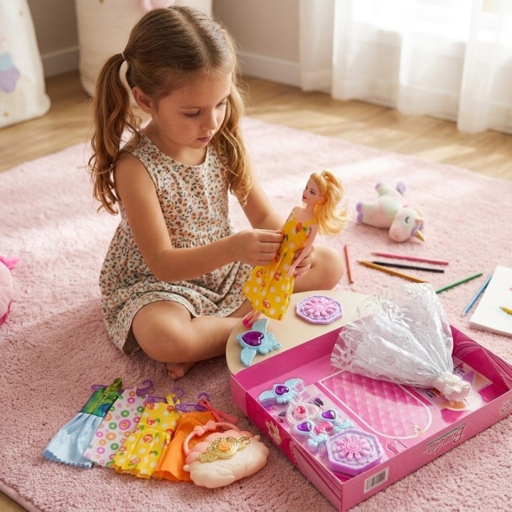 Muñeca Princesa Con Bolso Concha, Vestidos Y Joyas