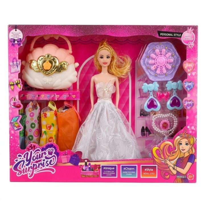 Muñeca Princesa Con Bolso Concha, Vestidos Y Joyas