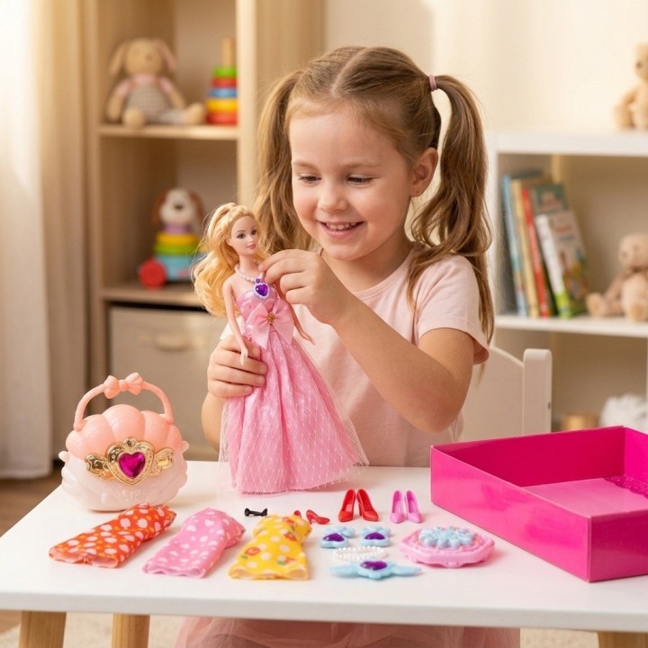 Muñeca Princesa Con Bolso Concha, Vestidos Y Joyas