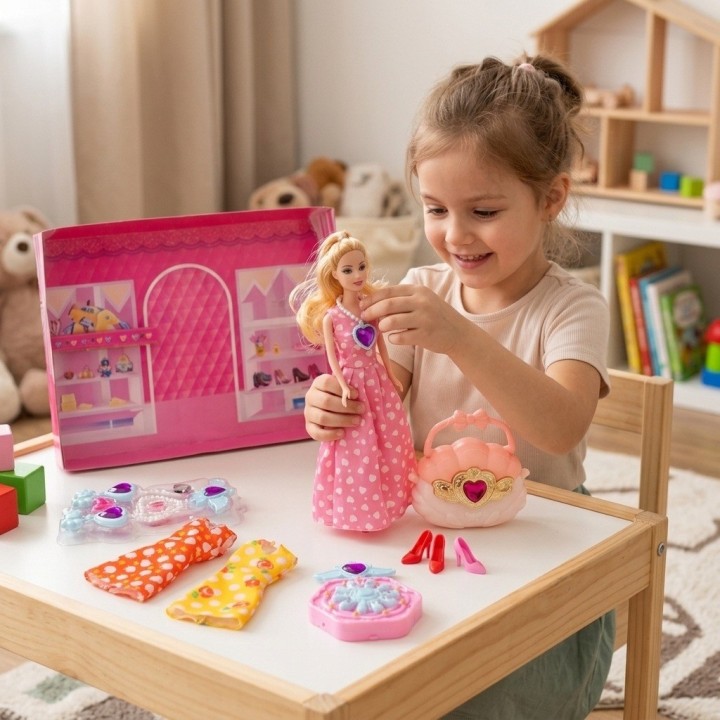 Muñeca Princesa Con Bolso Concha, Vestidos Y Joyas