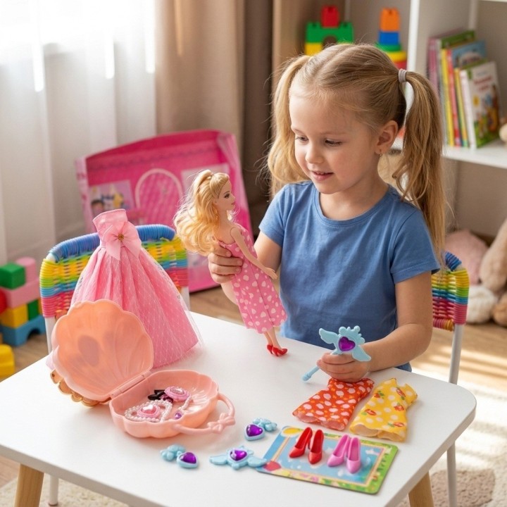 Muñeca Princesa Con Bolso Concha, Vestidos Y Joyas