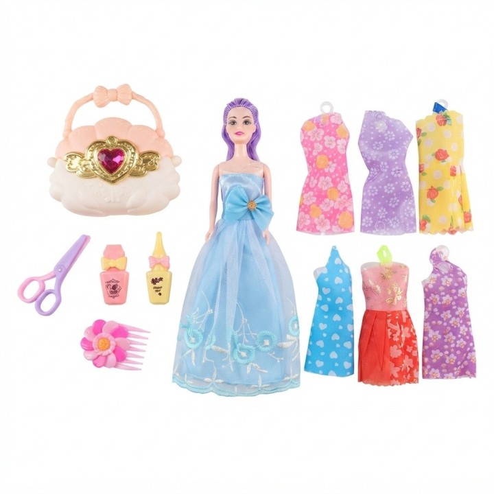 Muñeca Sorpresa Con Vestidos, Bolso Concha Y Accesorios