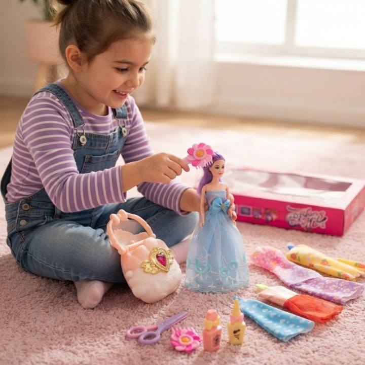 Muñeca Sorpresa Con Vestidos, Bolso Concha Y Accesorios