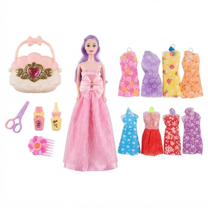 Muñeca Sorpresa Con Vestidos, Bolso Concha Y Accesorios