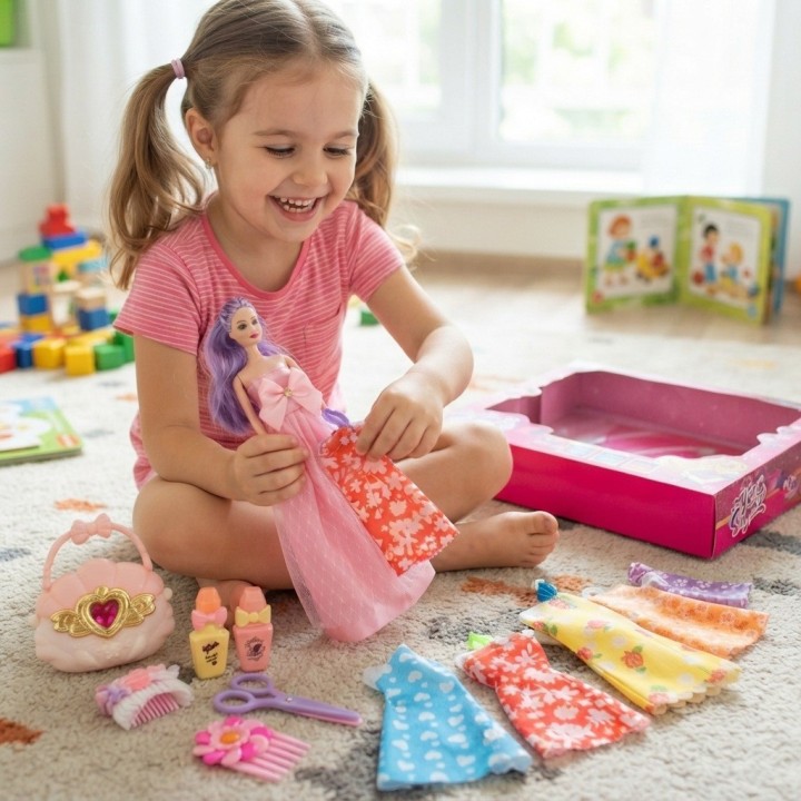 Muñeca Sorpresa Con Vestidos, Bolso Concha Y Accesorios