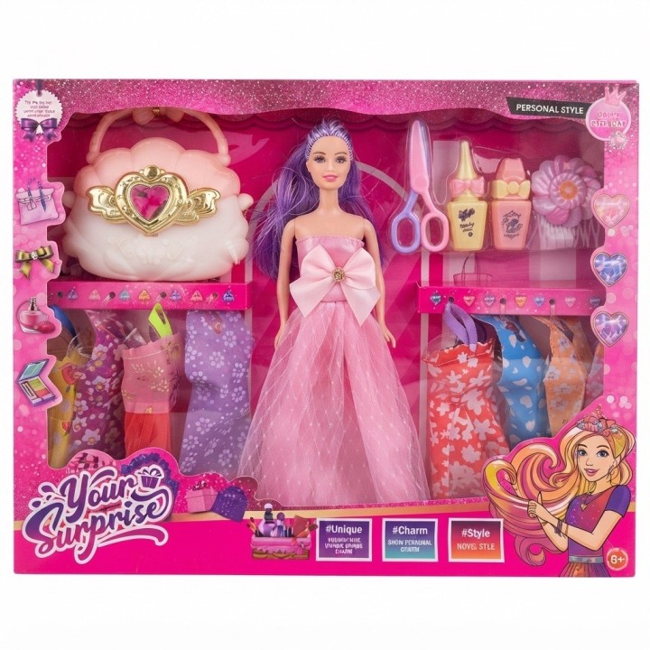 Muñeca Sorpresa Con Vestidos, Bolso Concha Y Accesorios
