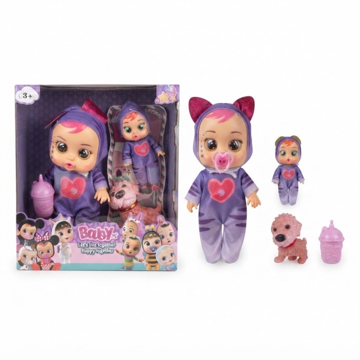Set X2 Muñecas Bebés Lloronas Disfraz Animales Y Mascota