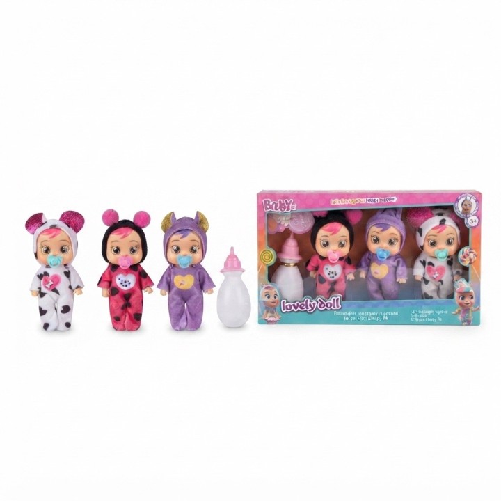 Set X3 Mini Muñecas Bebé Pijamas De Animalitos + Biberón