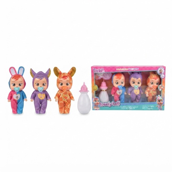 Set X3 Mini Muñecas Bebé Pijamas De Animalitos + Biberón