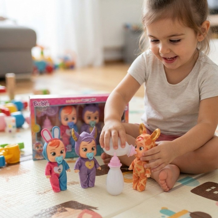 Set X3 Mini Muñecas Bebé Pijamas De Animalitos + Biberón