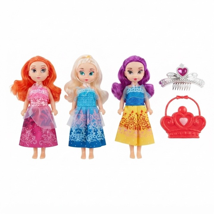 Set X3 Mini Muñecas Princesas Con Tiara Y Bolso
