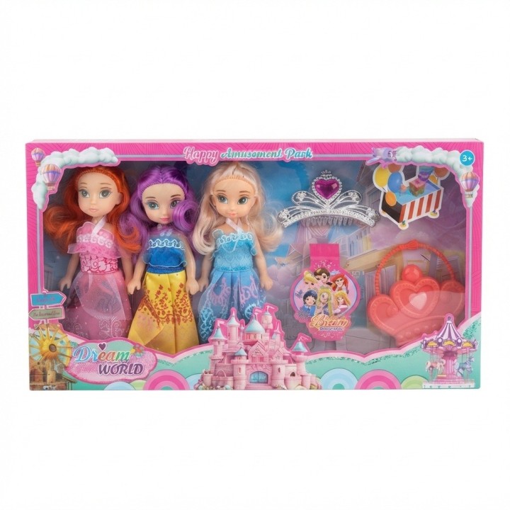 Set X3 Mini Muñecas Princesas Con Tiara Y Bolso