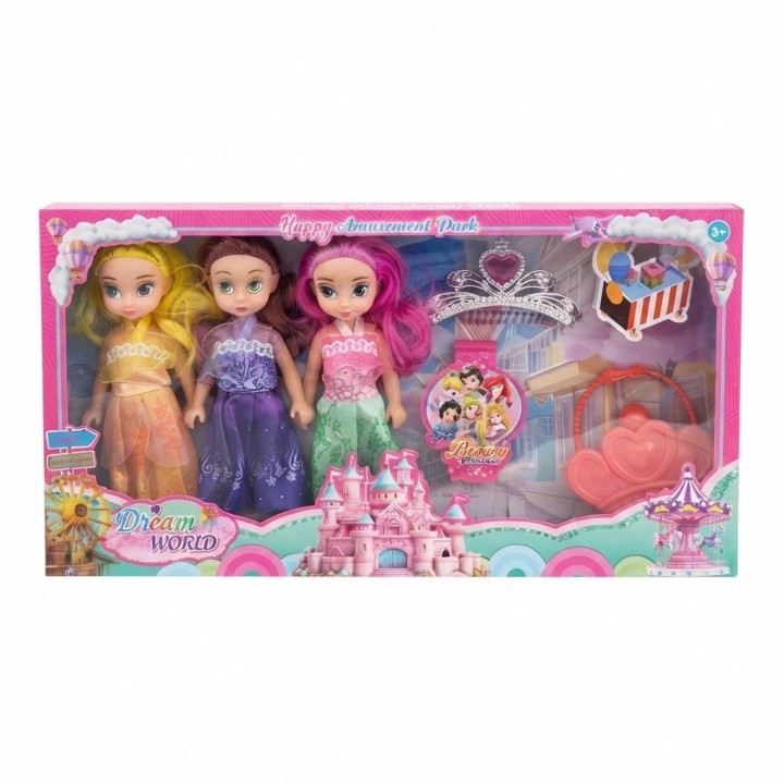 Set X3 Mini Muñecas Princesas Con Tiara Y Bolso