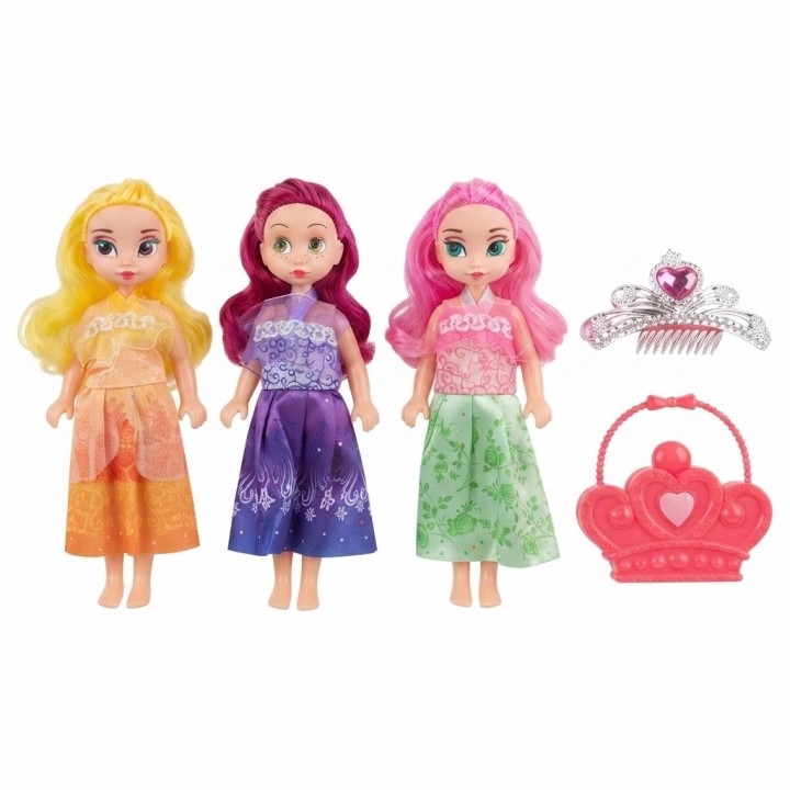 Set X3 Mini Muñecas Princesas Con Tiara Y Bolso