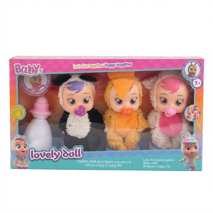 Set X3 Muñecas Bebé En Pijama Animales + Biberón