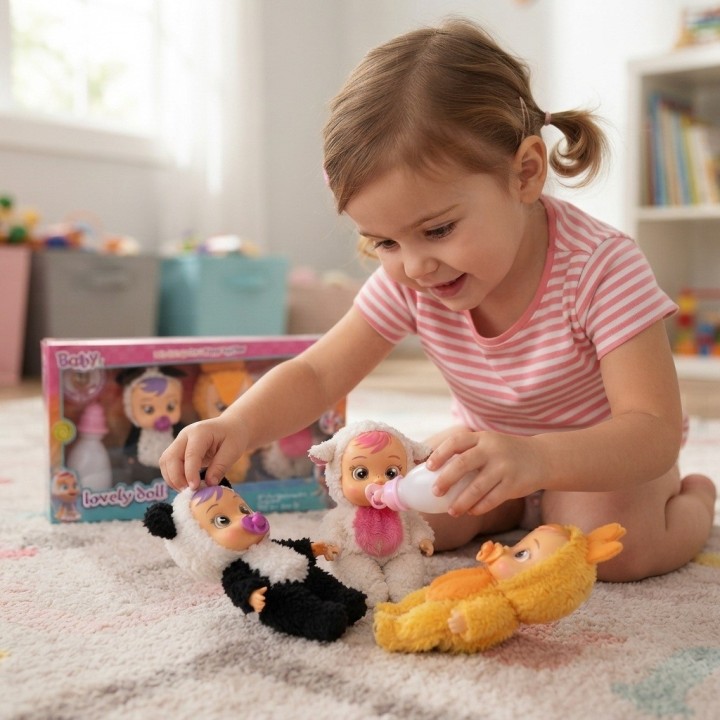 Set X3 Muñecas Bebé En Pijama Animales + Biberón