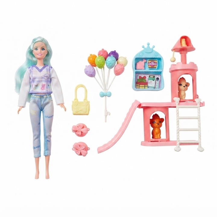 Set Muñeca Fashion Con Mascotas Y Parque De Juegos