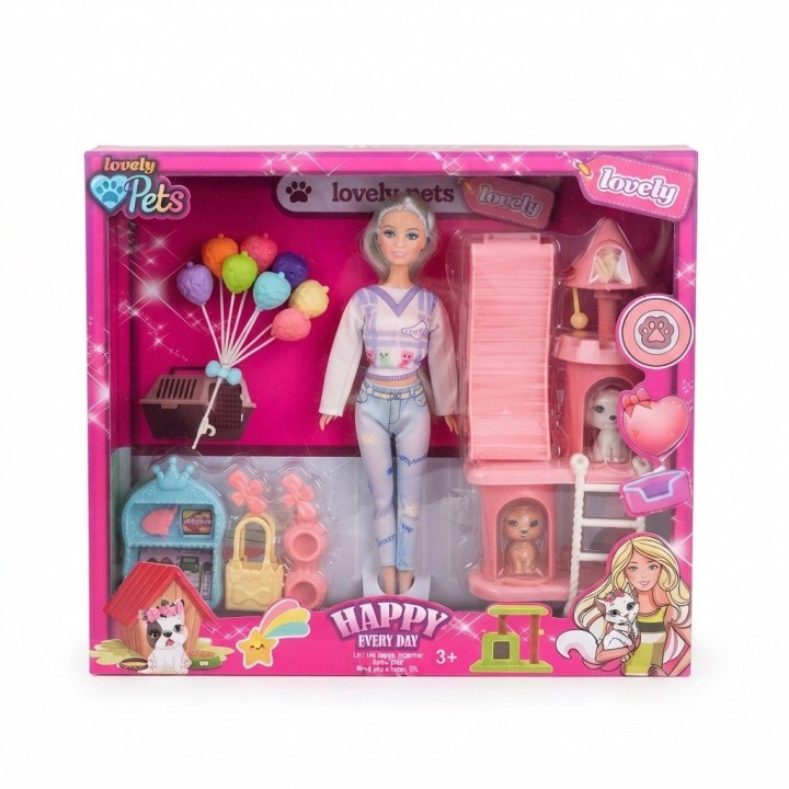 Set Muñeca Fashion Con Mascotas Y Parque De Juegos