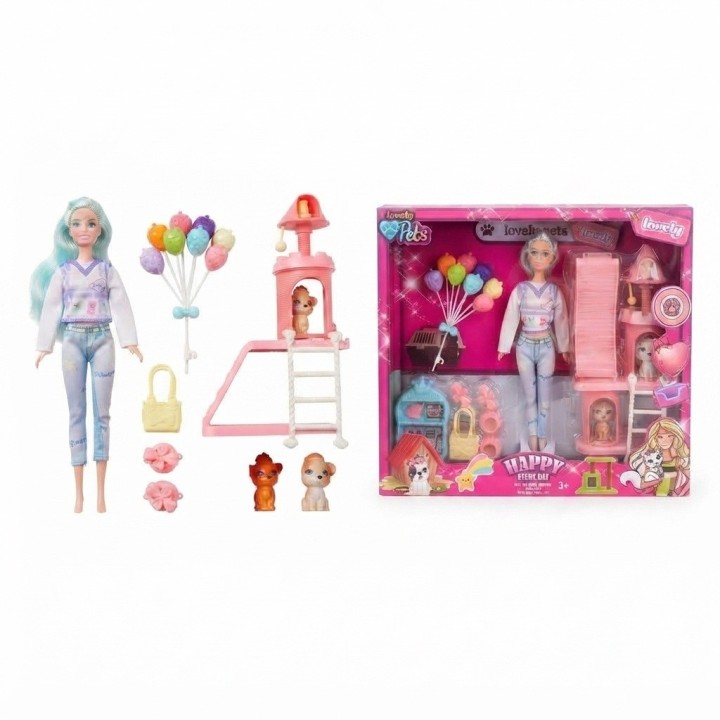 Set Muñeca Fashion Con Mascotas Y Parque De Juegos