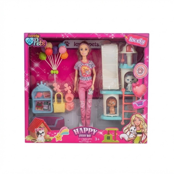 Set Muñeca Fashion Con Mascotas Y Parque De Juegos