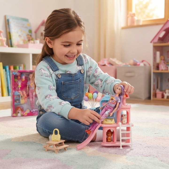 Set Muñeca Fashion Con Mascotas Y Parque De Juegos