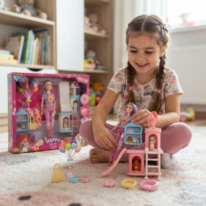Set Muñeca Fashion Con Mascotas Y Parque De Juegos