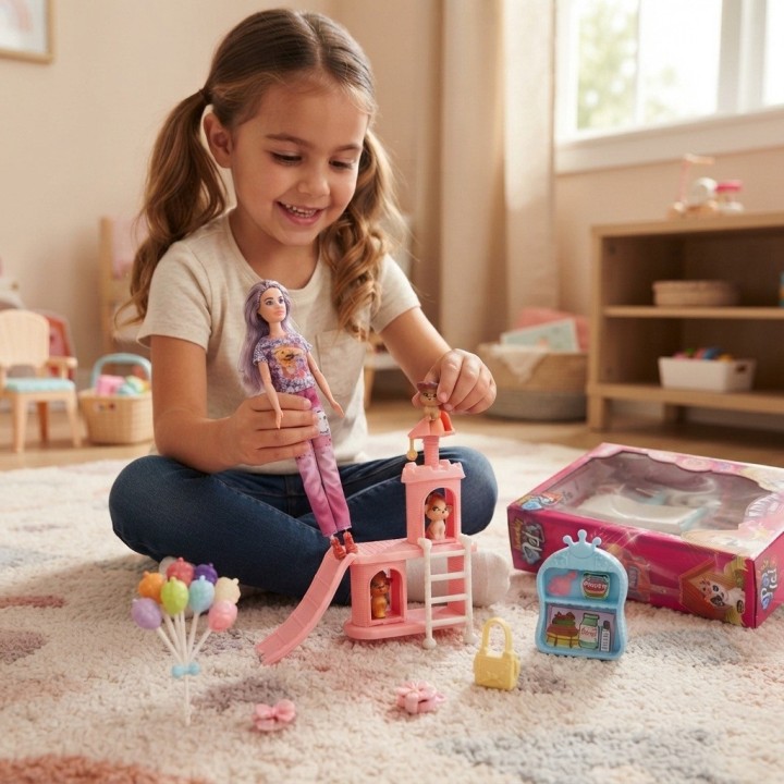 Set Muñeca Fashion Con Mascotas Y Parque De Juegos