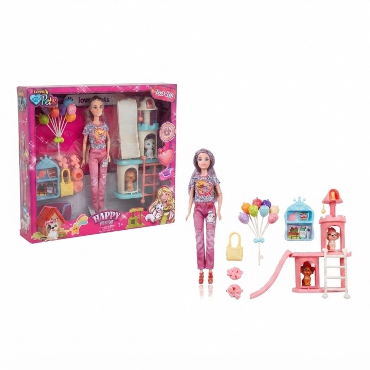 Set Muñeca Fashion Con Mascotas Y Parque De Juegos