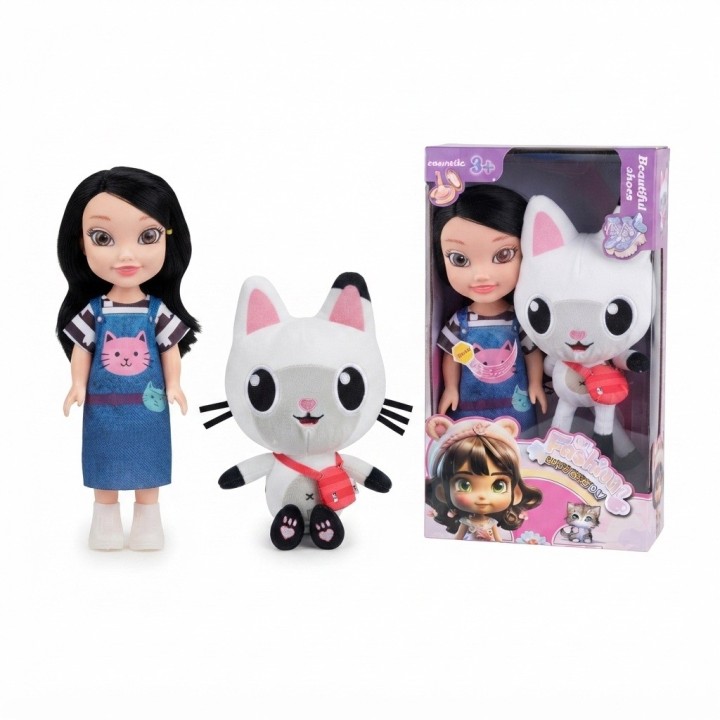 Set Muñeca Fashion Girl Con Gran Gato De Peluche