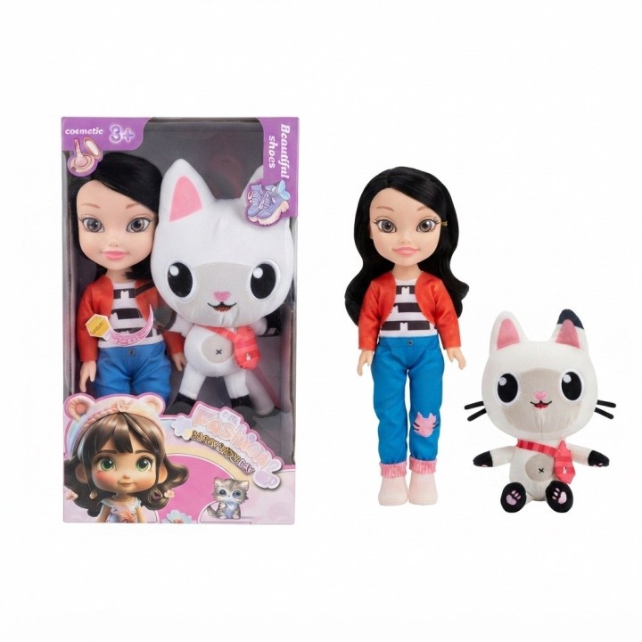 Set Muñeca Fashion Girl Con Gran Gato De Peluche